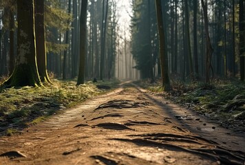 a dirt road leading through a forest