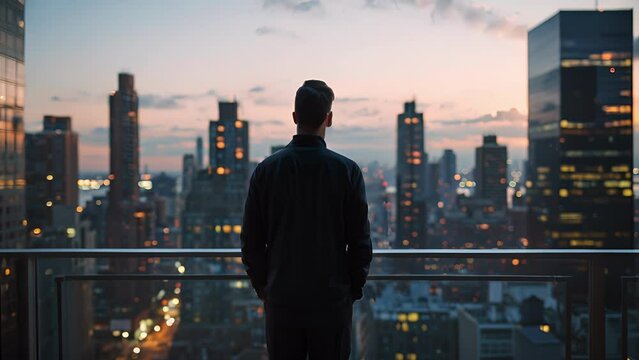 A man stands alone on the balcony his back turned to the city skyline. He appears lost in contemplation perhaps reflecting on the . .