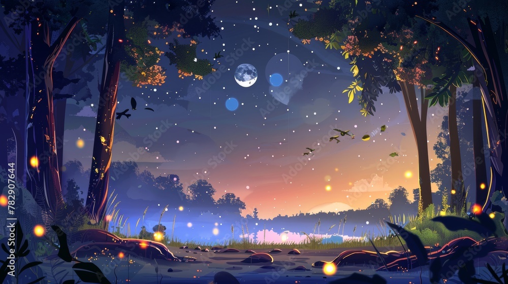 Aufkleber night forest with parallax background and moonlight glow. magical forest with fireflies and glowing 