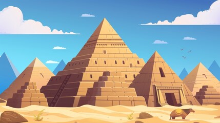 Architecture and culture banners of ancient Egypt with pyramids and temples. Cartoon Egyptian landmarks and buildings landing pages.