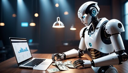 A futuristic robot with a sleek white and black design attentively analyzes financial charts on a laptop, surrounded by scattered dollar bills - a conceptual representation of automation in finance