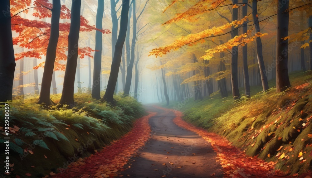 Poster a tranquil forest pathway surrounded by the vivid colors of autumn leaves, with a soft mist enhancin