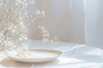 Soft light illuminates a white plate and baby's breath flowers on a draped fabric, creating a tranquil, airy composition