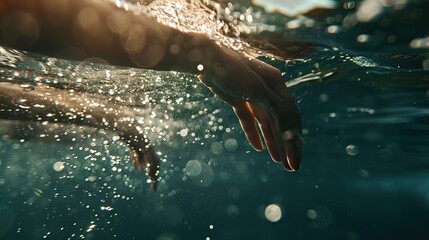 Underwater Grace - Serene Hands Gliding in Sunlit Water - obrazy, fototapety, plakaty