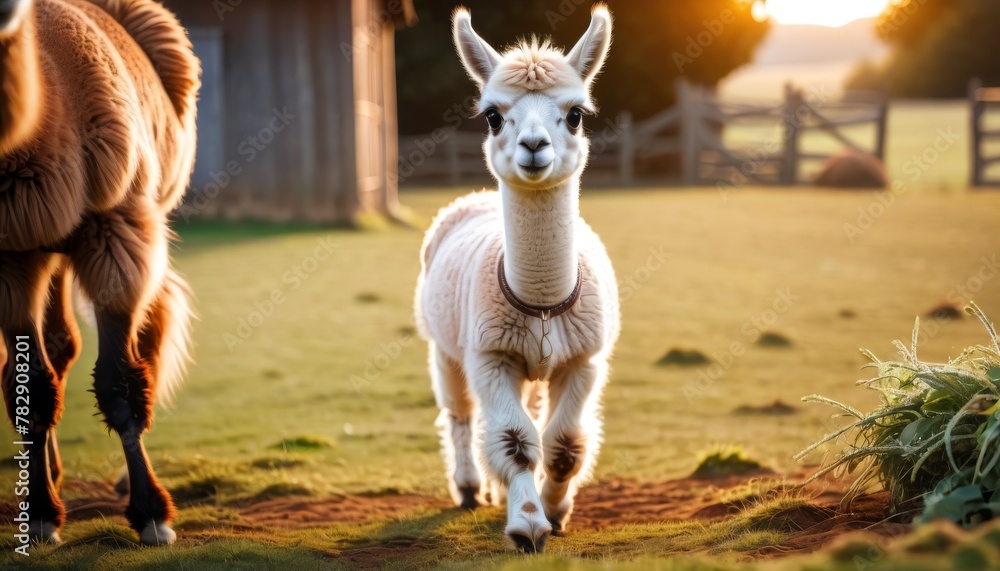 Poster a charming alpaca stands in the golden hour light on a farm, its fluffy white fur and inquisitive ex