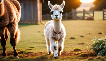 A charming alpaca stands in the golden hour light on a farm, its fluffy white fur and inquisitive expression capturing the warmth of the scene.. AI Generation