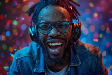 A joyful man with dreadlocks and glasses, wearing headphones, revels among colorful party lights
