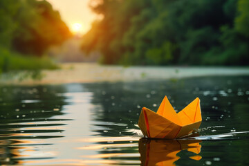 Yellow paper boat on reflective water at sunset, casting a warm glow with a backdrop of dense foliage