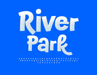Vector bright poster River Park. Glossy White Font. Modern cool Alphabet Letters and Numbers set.