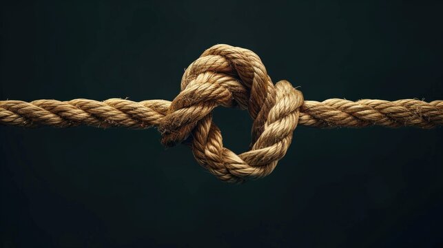 Two Ropes Tied Together With A Knot On A Dark Background As A Concept Of Unity And Strength.