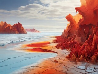 Global warming concept. Oceans drought cracked landscape on colorful sunset sky. - 782908426