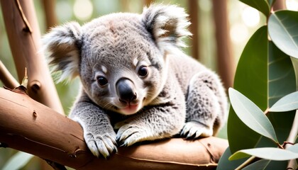 An adorable koala cub clings to a tree branch, its large, expressive eyes inviting affection in a natural setting.. AI Generation