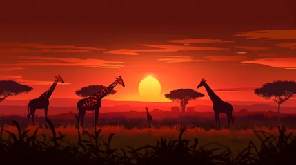 Poster Modern cartoon illustration of african savanna landscape at sunset with silhouettes of giraffes, acacia trees and green grass. Concept of safari trip, vacation travel. © Mark