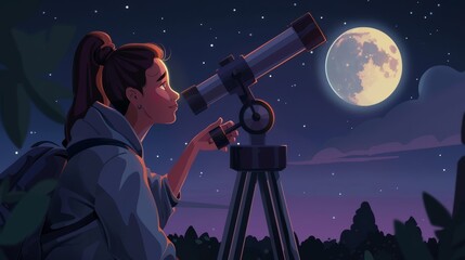 A mother and daughter examine the moon and stars from an attic room. Astronomy science learning, space exploration hobby, cartoon modern illustration.