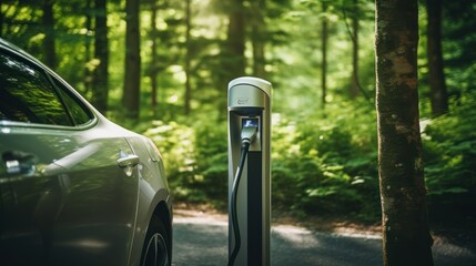 Electric vehicle charging station with environment concept,Electric car charging in the forest