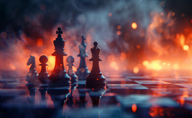 Chess Figures on a Dark Background. Strategic Fog. Epic Chess Game Battle. Chess Game Concept. - obrazy, fototapety, plakaty