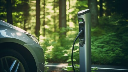 Electric vehicle charging station with environment concept,Electric car charging in the forest