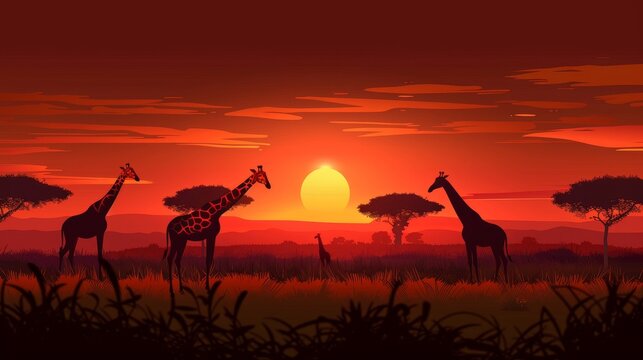 Modern cartoon illustration of african savanna landscape at sunset with silhouettes of giraffes, acacia trees and green grass. Concept of safari trip, vacation travel.