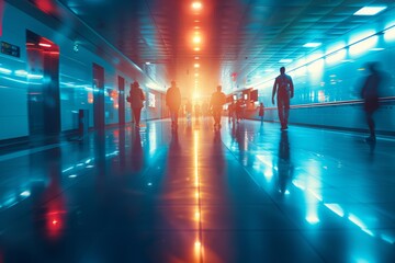 Cinematic scene of silhouetted figures in motion with striking light effects, depicting busy terminal atmosphere