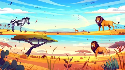 Fensteraufkleber Banners of African animals with zebra and lion in savannah. Modern landing pages of safari park with cartoon illustrations of wild animals and savannah landscape. © Mark