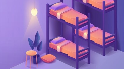 Isometric hostel banner featuring a bedroom in a guest house. Modern design of a room with bunk beds for sleep and rest. - obrazy, fototapety, plakaty