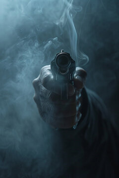 A mysterious hand holding a gun and pointing in a direction, with smoke 