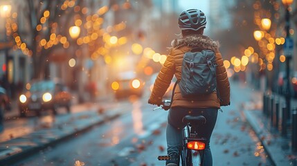 Urban Cycling: Woman Biking Through City Streets at Dusk