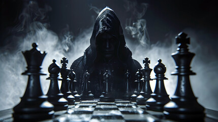 Midnight Chess Confrontation Players Battle Under the Cloak of Darkness in a Cerebral Game of Tactics and Maneuvering - obrazy, fototapety, plakaty