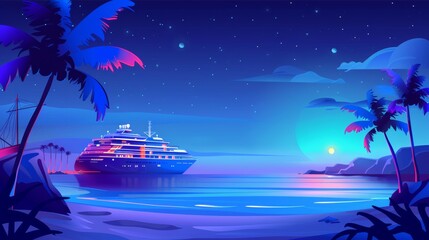 The passenger cruise ship in the ocean at night. Modern cartoon illustration of summer tropical landscapes with sand beaches, palm trees and passenger ships at sea. It represents travel, resort - obrazy, fototapety, plakaty