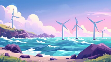 Illustration of an offshore wind farm with turbines standing in the sea. Alternative energy generation, sustainable energy resources. Cartoon ocean landscape with windmills.