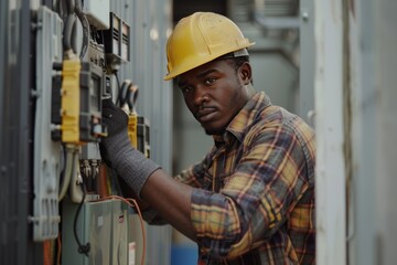 dark-skinned male professional electrician repairs an electrical breakdown
