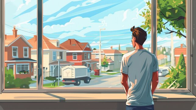 Man stands at window looking out on street with suburban cottages, recycling bins and garbage truck at summer day. Male character is at home, lonely, and melancholy.