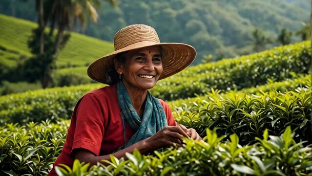 Smiling woman picking tea in Sri Lanka