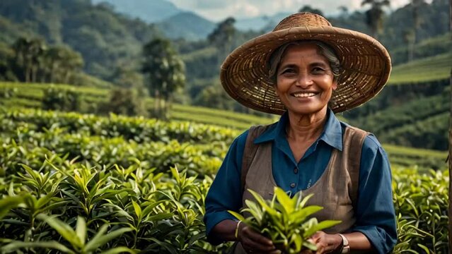 Smiling woman picking tea in Sri Lanka