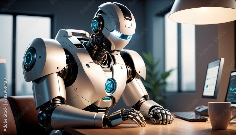 Poster a highly detailed robot sitting at a work desk, mimicking human-like contemplation, in a modern offi