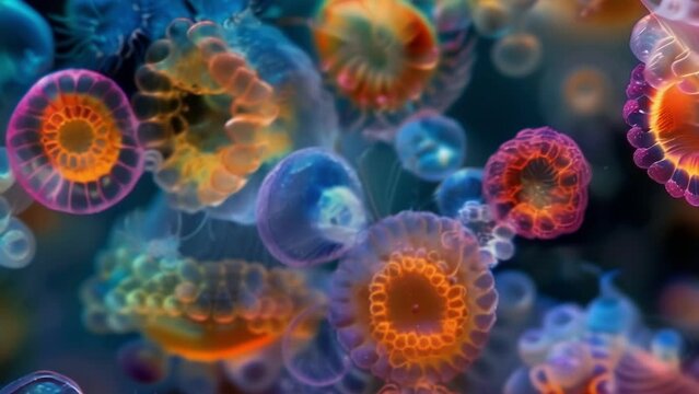 This microscopic image captures a group of cells from a marine animal all in different stages of development. Some are fully formed . AI generation.