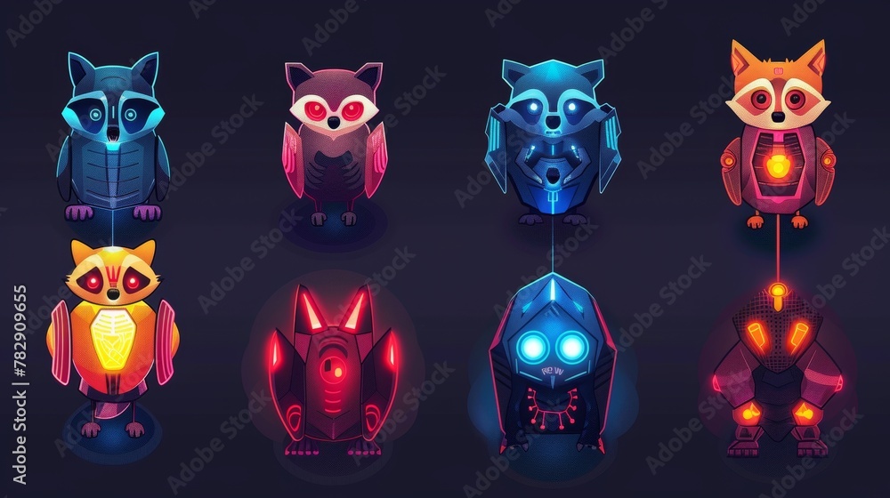 Poster mechanical robots with glowing eyes, wires and mechanical bodies. robotic animals with robotics. car