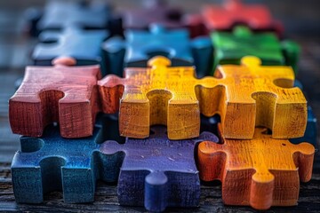Close-up of colorful wooden jigsaw puzzle with missing pieces, illustrating challenge - Powered by Adobe