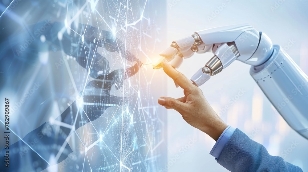 Aufkleber big data concept background,hands of robot and human touching on big data network