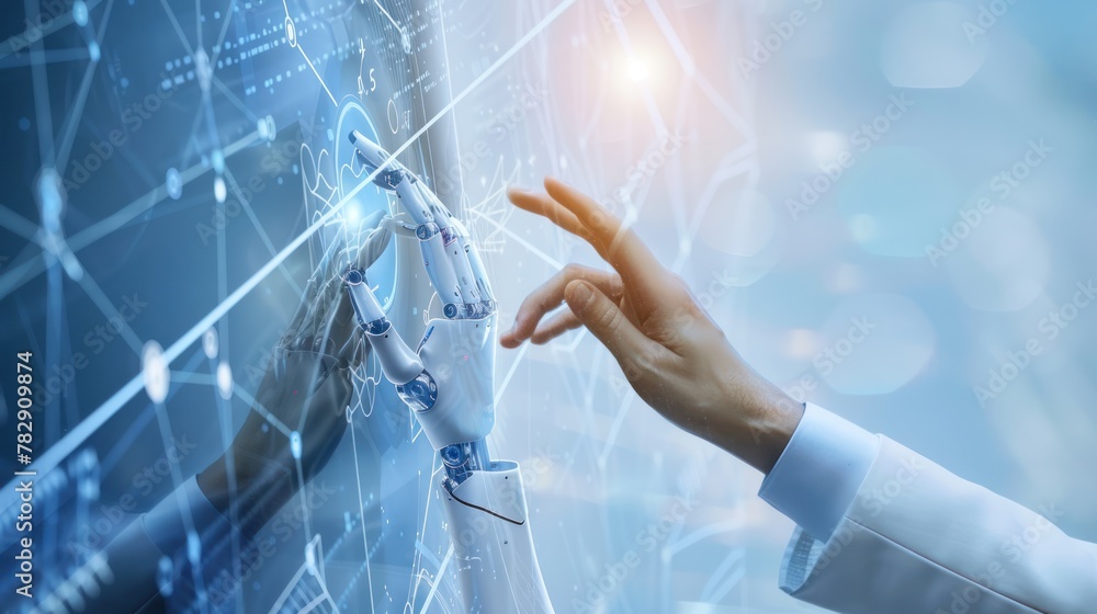 Poster big data concept background,hands of robot and human touching on big data network