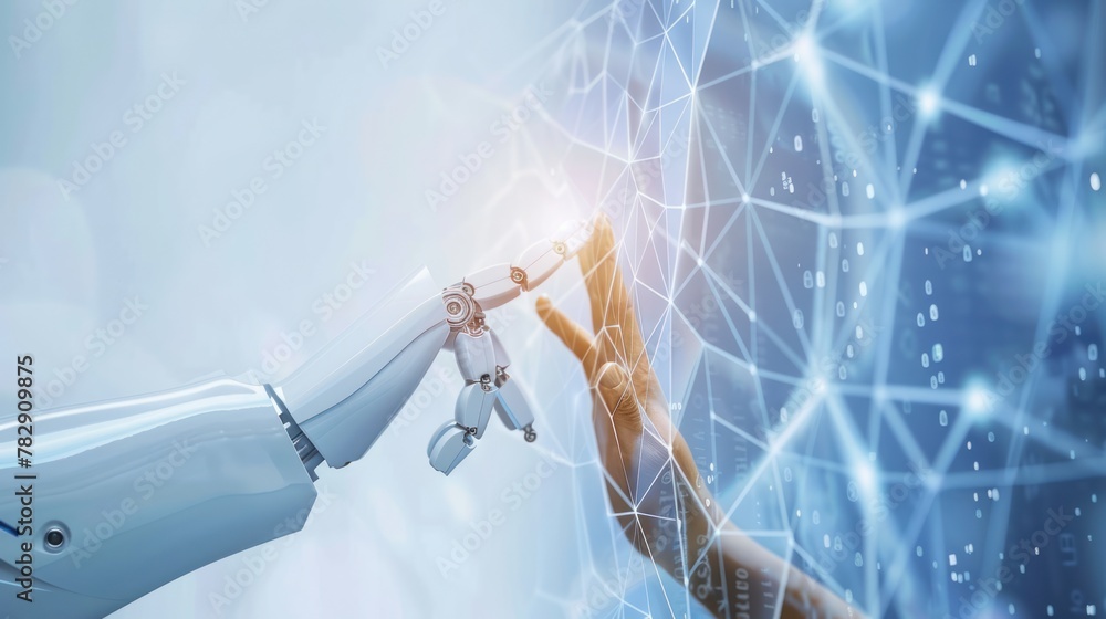 Poster big data concept background,hands of robot and human touching on big data network