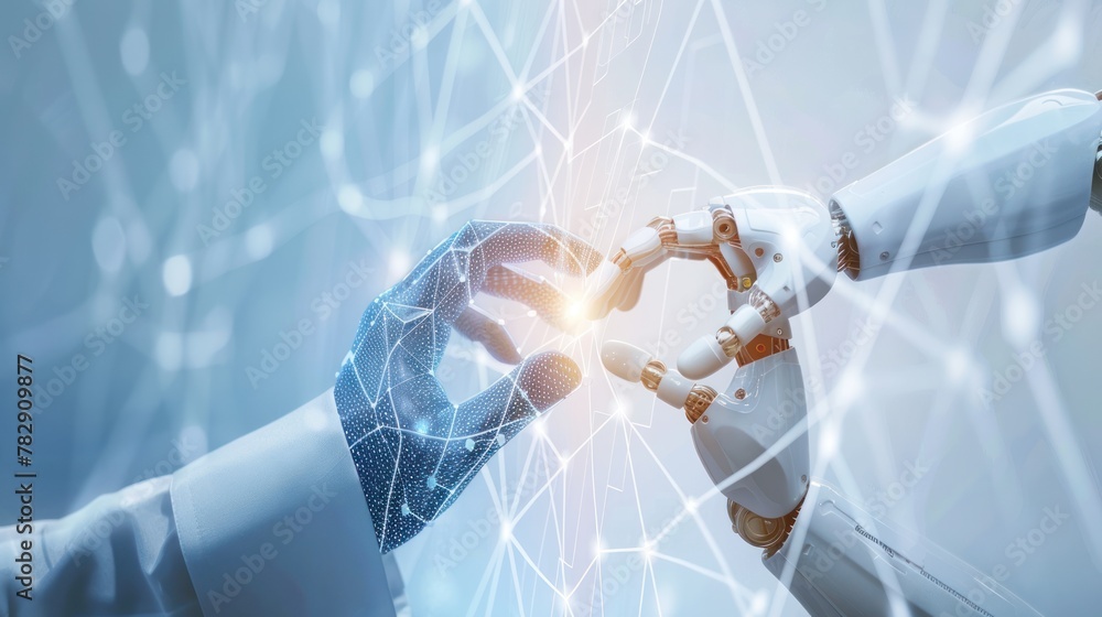 Aufkleber big data concept background,hands of robot and human touching on big data network