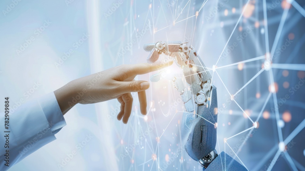 Poster big data concept background,hands of robot and human touching on big data network