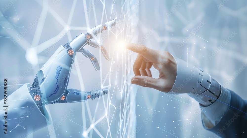 Poster big data concept background,hands of robot and human touching on big data network