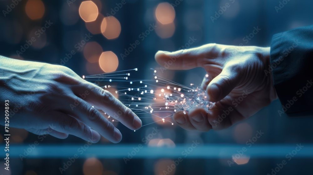 Poster big data concept background,hands of robot and human touching on big data network