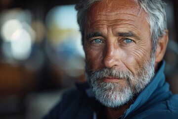 Close-up of a senior man with blue eyes and salt-and-pepper beard, looking thoughtfully at the camera