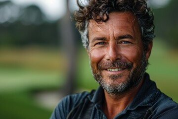 Close-up shot of a charming man with a friendly smile and curly hair, outdoors with a blurred background - obrazy, fototapety, plakaty