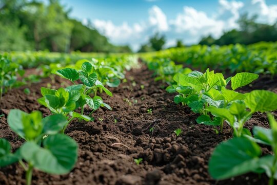 A row of green, healthy plants growing in rich farm soil under a blue sky depicting agriculture
