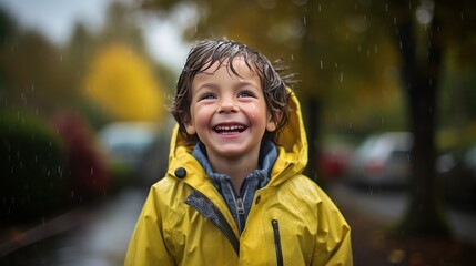 Children and learning nature concept,Happy smiling little boy stood outdoors in the rain,
