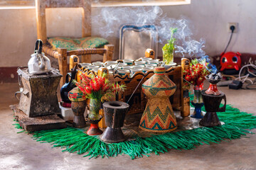 Ethiopian traditional coffee served with aromatic essence. Ceremony with Incense, frankincense and...